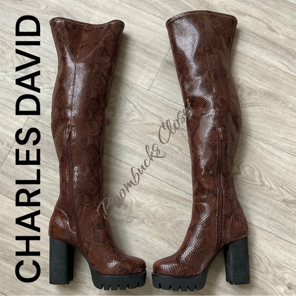 Charles David Warning Snake-Print Over The Knee Platform Boots Lug Sol… - Picture 7 of 16